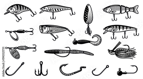 Collection of Fishing Lures and Hooks Hand Drawn Sketch Style.