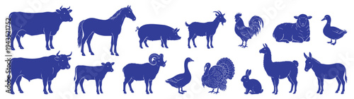 Comprehensive collection of blue farm animal silhouettes featuring cattle livestock poultry and barnyard animals for agriculture and meat industry icons set isolated on white
