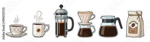 Professional Coffee Brewing Equipment Vector Icon Set Featuring French Press Pour Over Coffee Dripper Mug Cup and Coffee Bag Isolated on White Background for Cafe and Barista Design
