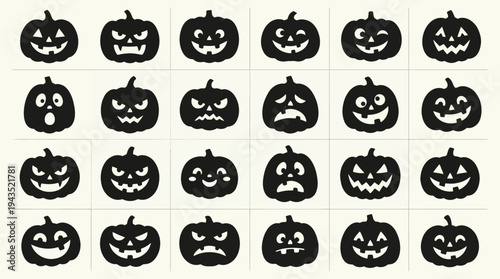 Collection of Halloween pumpkin faces silhouettes for decoration.