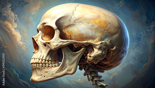 A side-profile study showcases a realistic human skull against a stylized, cloudy background. Detailed bone structure