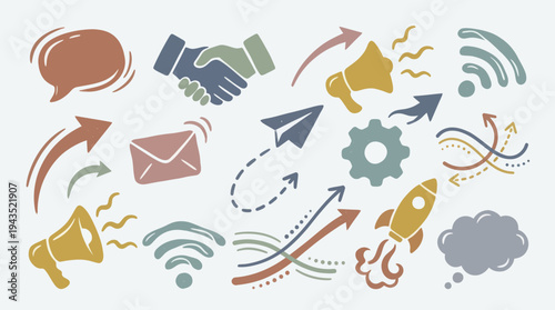 Collection of Hand-Drawn Business and Communication Icons.