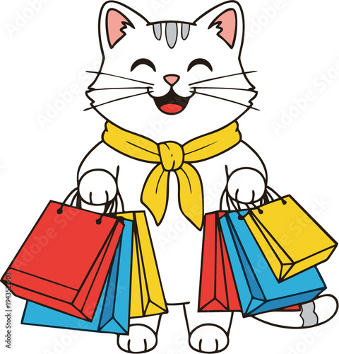 Happy cat holding colorful shopping bags vector illustration