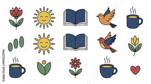 Collection of Hand-Drawn Icons Representing Nature, Knowledge, and Comfort.