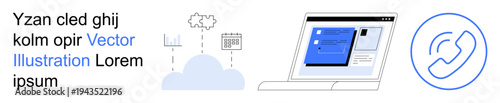 Cloud technology, remote communication, data sharing, digital storage, telecommunication, online services. Laptop with cloud and phone icons. Cloud technology and remote communication theme