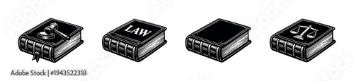 Black and white vector illustration of law books with legal symbols