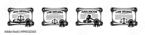 Black and white legal certification and diploma vector set with icons