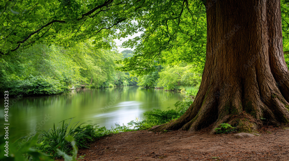 Obraz premium A tranquil scene of a large tree overlooking a calm lake, with lush greenery surrounding the area