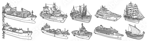 Comprehensive Collection of Different Ship and Boat Types Vector Illustration Including Cargo Ship Cruise Liner Fishing Vessel Yacht and Sailing Boat Isolated on White for Maritime Design