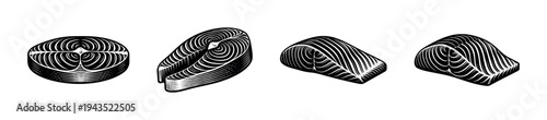 Black and white vector illustration of fish cuts with striped patterns
