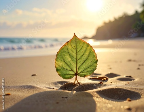 A single green leaf stands tall in the sand against the sunlit ocean and shore. Clear sky and light