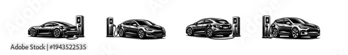 Black and white electric cars charging silhouette vector illustration set