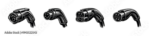Electric vehicle charging plugs vector set illustration black and white design