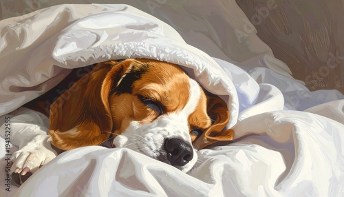 A sleeping beagle dog, with orange, black and white fur, lies under a white blanket. Soft light illuminates the scene