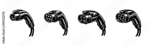 Black and white vector illustration of electric car charging plugs set