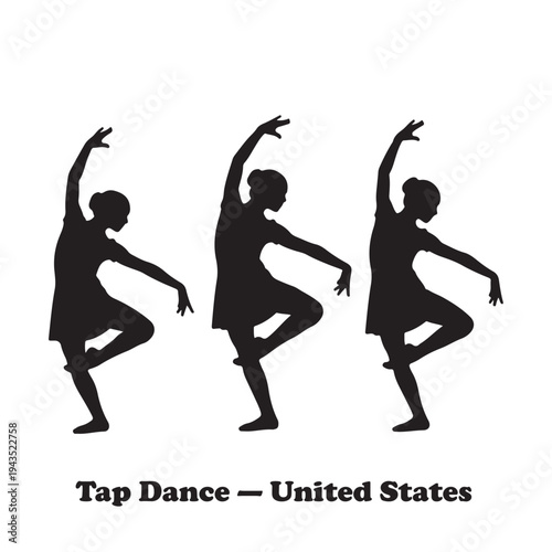Tap dance silhouettes set with United States typography on white background