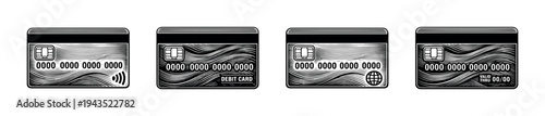 Black and white vector illustration of credit and debit card designs