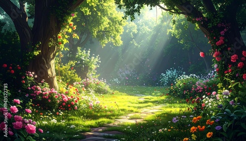 A sun-dappled forest path winds between flowered bushes and ancient trees, bathed in radiant light filtering through the canopy
