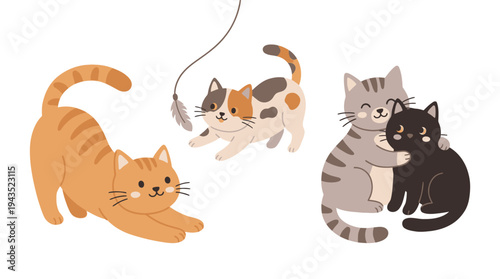 Four Cats Playing Together Outdoors.