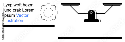 Business solutions, fairness, technology, balance, decision-making, innovation. Gear and balance scale with abstract text. Fairness and business solutions concept