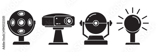 Spotlight and projector vector illustration set, stage lights and outdoor illumination