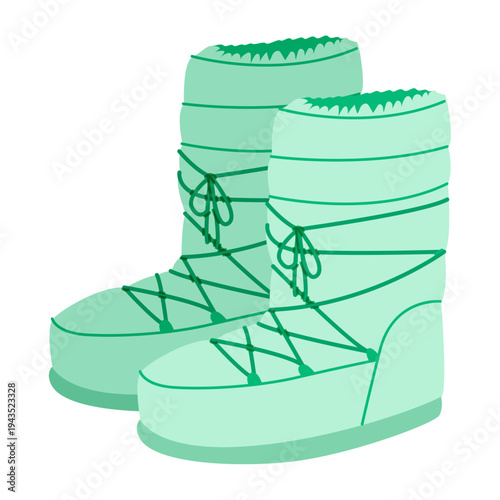 Mint lace-up padded winter boot women flat pair. Wrapped construction with front lacing for expedition alpine, cold. Technical fashion illustration CAD mockup vector men unisex isolated modern style