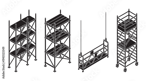 Construction scaffolding and platforms vector illustration, building industry equipment