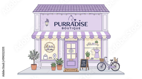 Purple boutique storefront with bicycle.