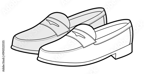 Loafer shoe women sketch pair. Bright strap front casual footwear for smart casual office outfit. Technical fashion illustration CAD mockup detailed vector man unisex isolated classic style.