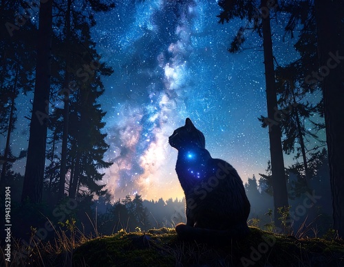 A silhouette of a cat gazes up at a vibrant night sky, with a bright nebula, trees surrounding the mystical scene