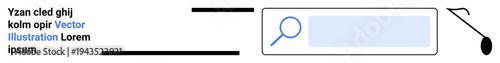 Information sourcing, data discovery, online search, user interface design, internet browsing, research tools. Magnifying glass with a text input box. Information sourcing and data discovery concept
