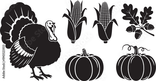 Thanksgiving icons including turkey, corn, pumpkins, and oak leaves