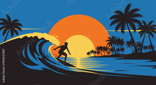 Silhouette of a surfer riding a large ocean wave at sunset.