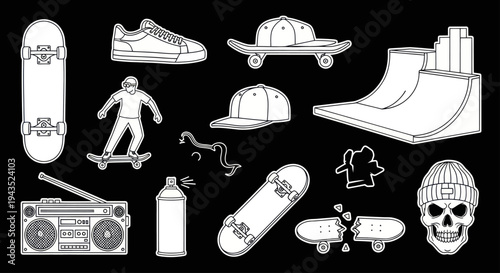 Skateboarding culture and street art elements collection in a hand-drawn style.