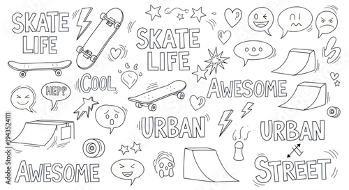 Skateboarding Doodle Art Collection with Urban Street Style Elements.
