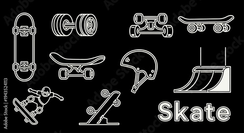 Skateboarding elements and equipment collection for extreme sports and recreation.