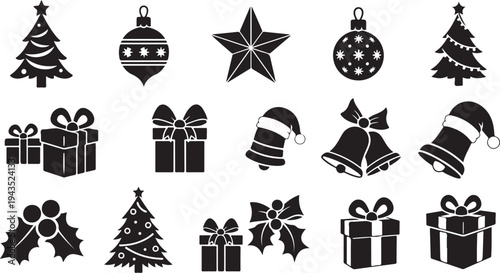 Christmas icons and symbols in black and white color