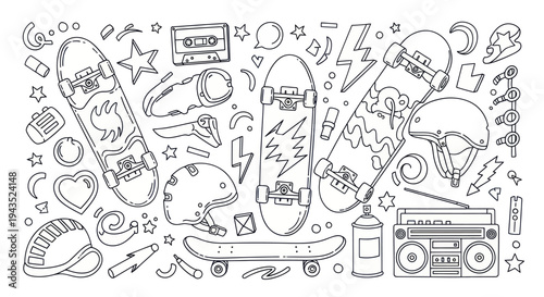 Skateboarding elements and retro music gear illustration.
