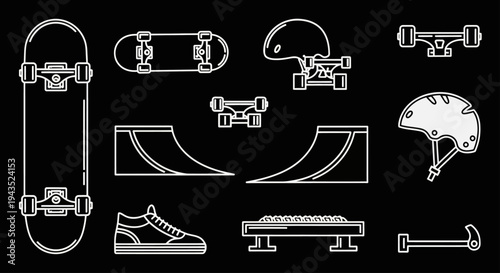 Skateboarding equipment and accessories collection illustration.