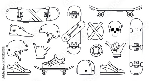 Skateboarding equipment and accessories line art collection, including skateboards, helmets, shoes, and a skull.