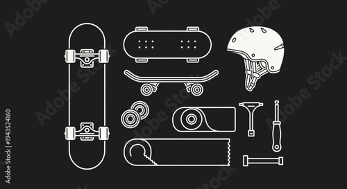 Skateboarding Equipment Collection Outline Illustration on Dark Background.