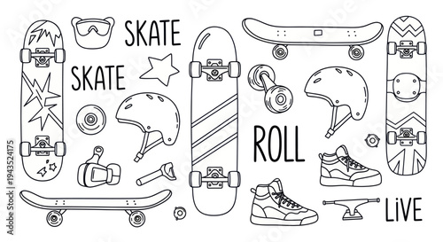 Skateboarding equipment doodle set with skateboards, helmets, and shoes.
