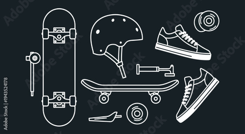 Skateboarding Gear and Accessories Collection Outline Illustration.