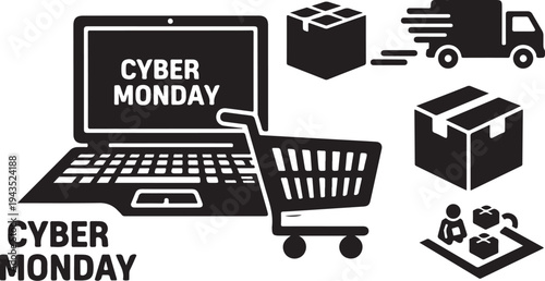 Cyber Monday shopping icons and online deals concept