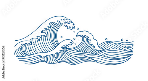Stylized Ocean Waves Blue Line Art Illustration.