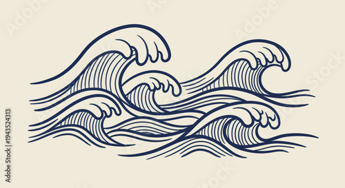 Stylized Ocean Waves Hand Drawn in Traditional Japanese Art Style.