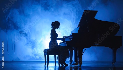 A silhouette of a female pianist playing a grand piano, lit with blue light and surrounded by smoke
