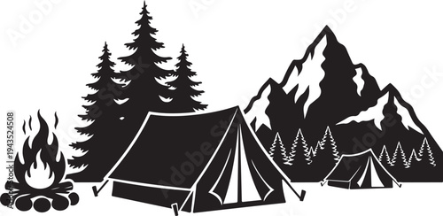 Camping in the mountains with a campfire and tents