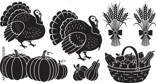 Thanksgiving icons including turkeys, pumpkins, and harvest elements
