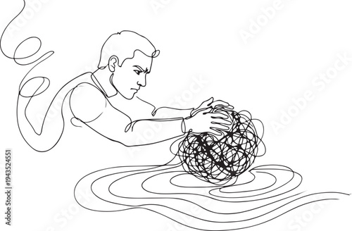 Continuous line drawing of a man untangling a chaotic scribble or ball of string, mental health and problem solving concept illustration